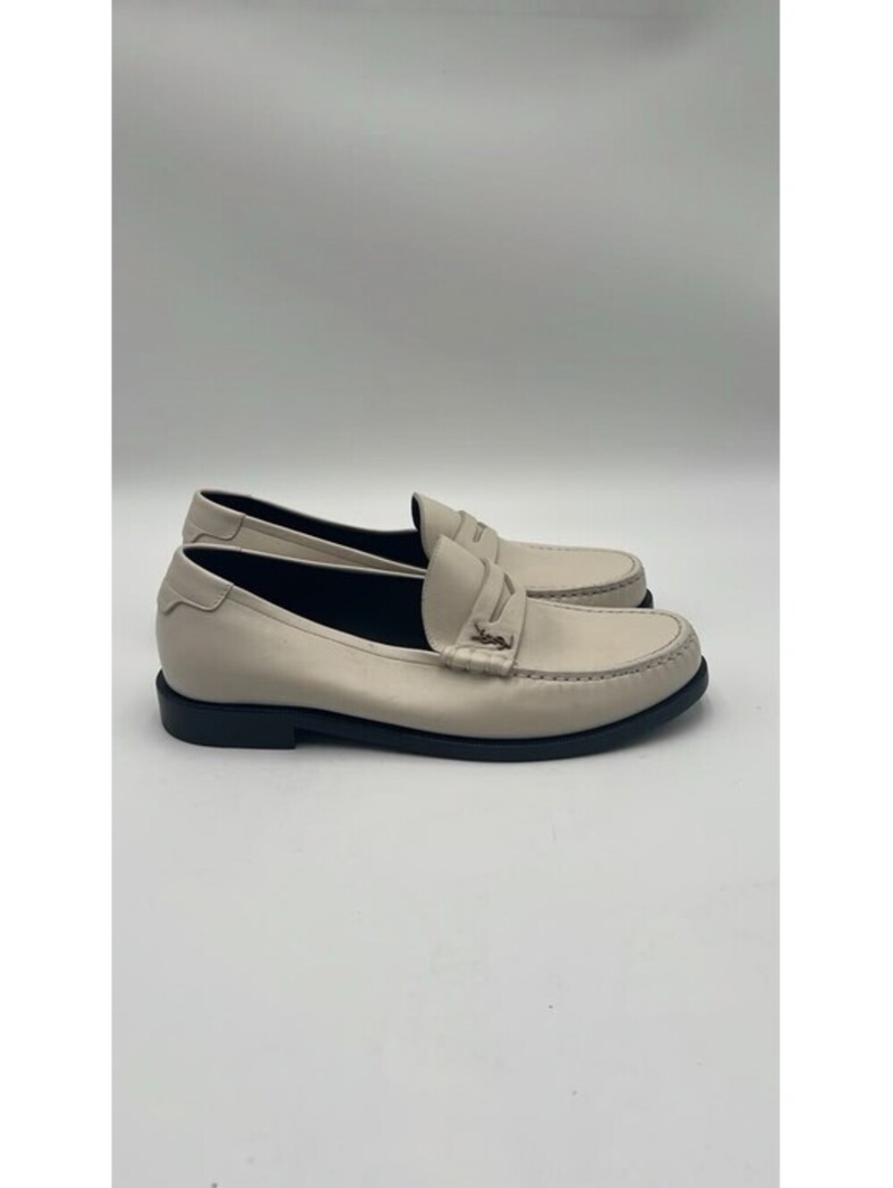 Women’s Saint Laurent white leather penny tonal strap Monogram loafers Size 41